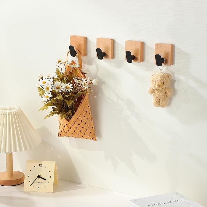 DELITON Towel Hooks Wall Mounted - Adhesive Bathroom Coat Hooks for Hanging Robes Clothes Light Brown, Black Solid Wood Beech Wall Hook 4 Packs-NeatNest