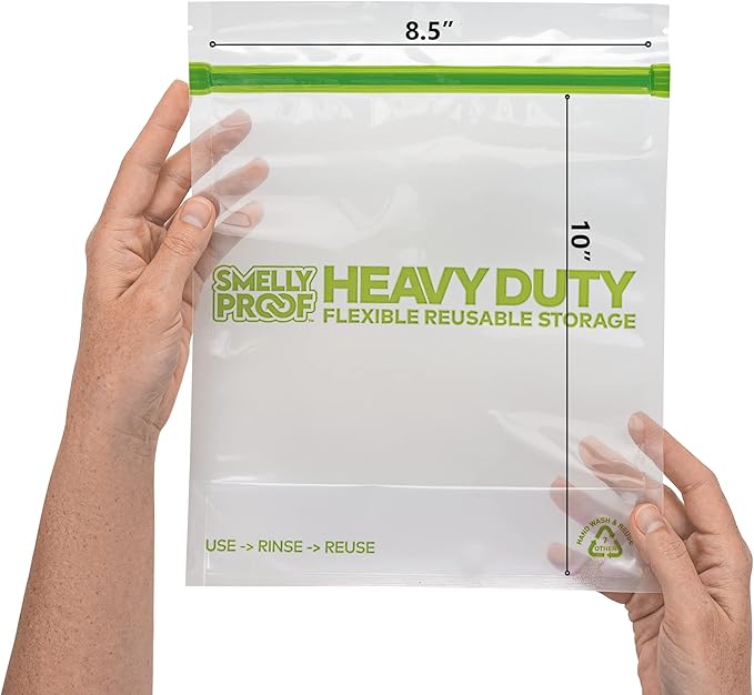 HEAVY DUTY Reusable STAND-UP Ziplock Bags for Food Storage by Smelly Proof, USA Made, NO PEVA & BPA FREE, Reusable Freezer Bags, Dishwasher-Safe, Triple Zip, CLEAR 5-mils LRG Quart 8.5" x 10" - 5pk