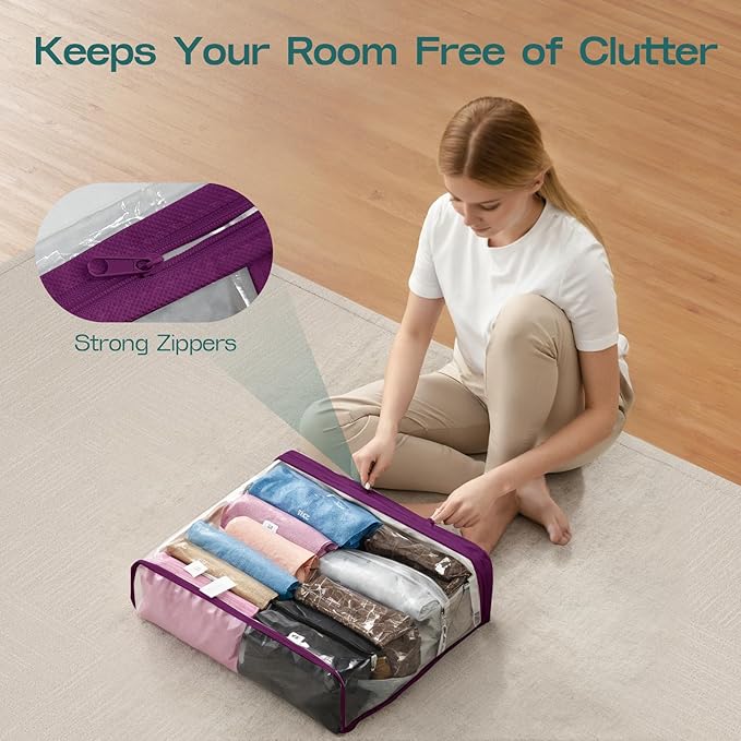 5PACK Clear Zippered Storage Bags for Clothes, 22L Closet Organizers Bag, and Blanket Storage Bags for Bedding, Linen, Blankets, Comforters, Clothing & Toys (Purple)-NeatNest