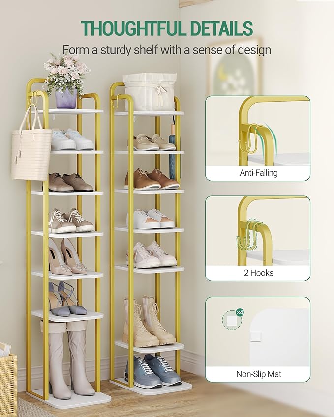 8 Tiers Vertical Shoe Rack, Narrow Shoe Tower, Tall Shoes Shelf with 2 Hooks, Adjustable Shelves, Corner Shoes Shelves for Small Spaces, Entryway, Living Room, White Gold SR04313A-NeatNest