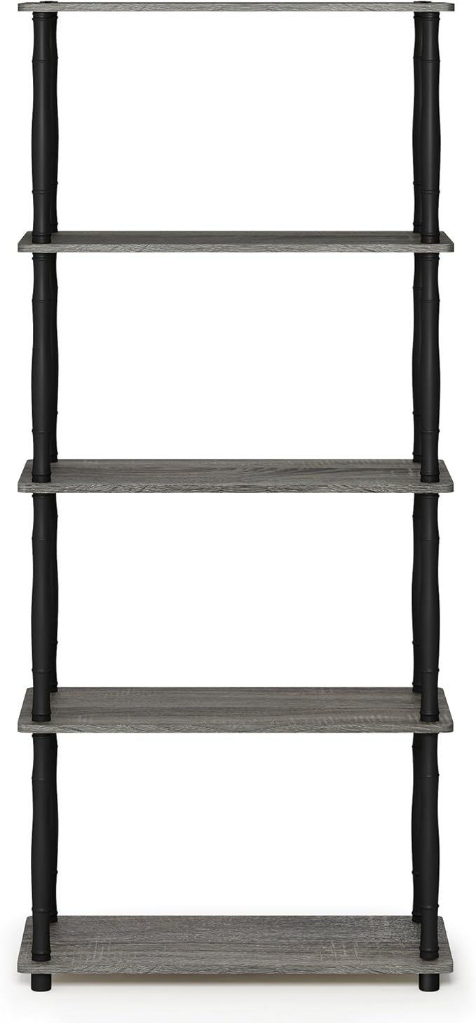 Furinno Turn-N-Tube 5-Tier Multipurpose Shelf Display Rack with Classic Tubes, French Oak Grey/Black-NeatNest