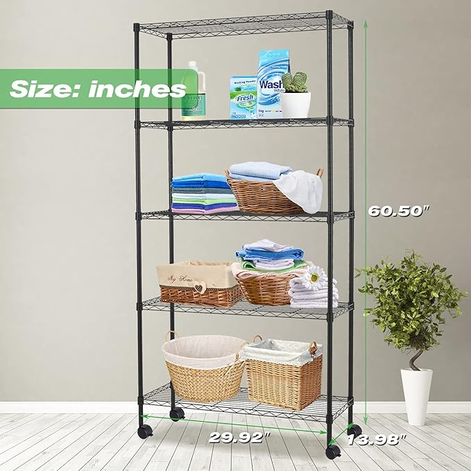 5-Tier Wire Shelving Unit Storage Shelves with Wheels Metal Shelves 60"x30"x14 Heavy Duty Metal Storage Rack NSF Height Adjustable for Home Kitchen Bathroom Garage Pantry Organization(Black)