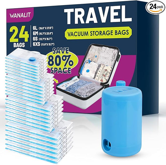 Vacuum Storage Bags for Travel, 24 Pack (6L+6M+6S+6XS) Vacuum Seal Bags with Wireless Rechargeable Electric Pump, Travel Essentials Space Saving Bag for Clothes, Luggage, Carry-on Suitcase, Backpack-NeatNest