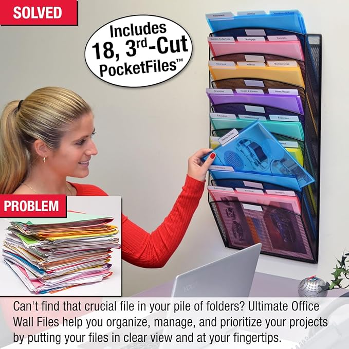 Ultimate Office Mesh Wall File Organizer, 8 Tier Vertical Mount Hanging File Sorter. Multipurpose Display Rack Includes 18, 3rd Cut PocketFile Clear Document Folder Project Pockets (Black)