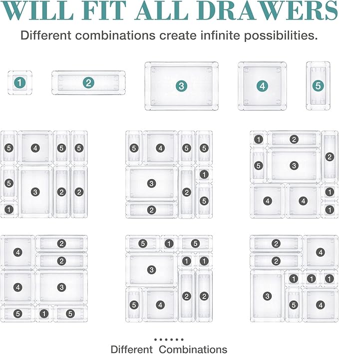 10 PCS Drawer Organizer Set,4 Varied Size Bathroom and kitchen Drawer cabinet organizer Trays, Clear Storage Bins for Makeup, Jewelry, Utensils and Gadgets-NeatNest