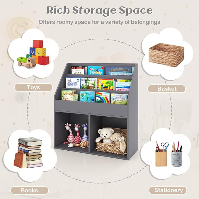 Costzon Kids Bookshelf, Wooden Toy Storage Cabinet Organizer w/Shelves, 2 Large Cubes & Anti-Tipping Devices, Children Bookcase Display Sling Book Rack for Kids Room, Nursery, Kindergarten (Gray)-NeatNest
