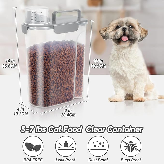 5-7Lbs Dog Cat Food Storage Container with Upgraded Large Nozzle BPA-free, 4 Snap Seals Plastic Pet Food Storage Containers with Handles (1, Light Gray, 5L)-NeatNest