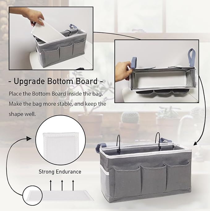 Beside Caddy Storage Organizer, Hanging Bag Holder with Pockets for Bedroom, Loft Bed Tent, Bed Curtain, Top Bunk bed Shelf Accessories Bedside Caddy 3-pocket (Gray_1pcs)-NeatNest