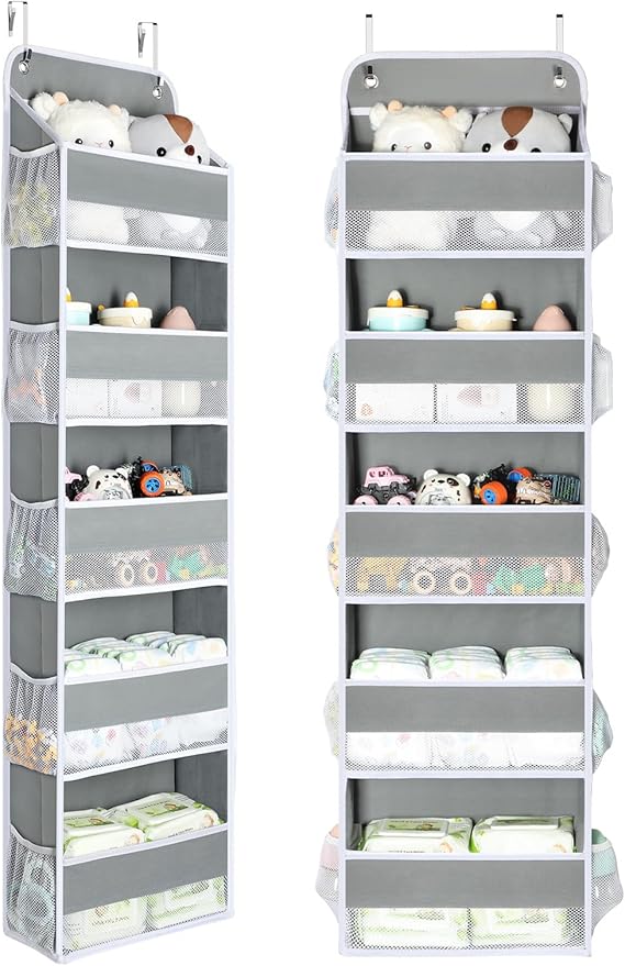 Yecaye 2 Pc Over The Door Organizer with 5 Bins 10 Side Pockets, 44lbs Load Hanging Bathroom and Bedroom Organizer, Behind The Door Hanging Organizers for Nursery Newborn Baby Essential Stuff Grey-NeatNest