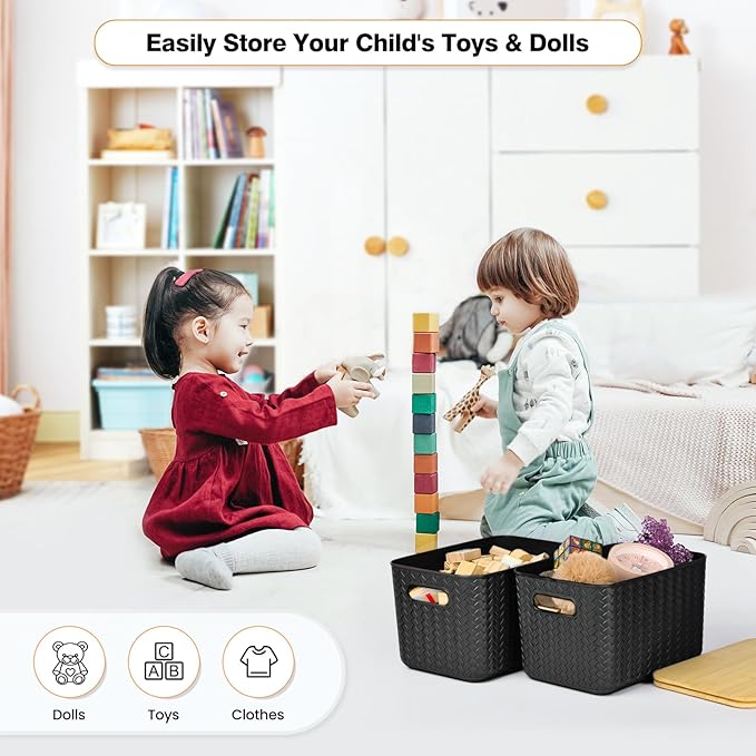 4 Packs Storage Bins with Bamboo Lids - Plastic Storage Containers with Lids Stackable Storage Box: Storages Baskets for Organizing Desktop Closet Playroom Classroom Office, Black