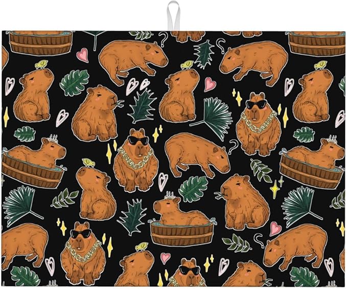 Capybara Dish Drying Mat for Kitchen Counter Cute Kitchen Mat Microfiber Kitchen Countertop Absorbent Reversible Drainer Rack Pad Dish Drying Mat 18 x 24 Inch-NeatNest