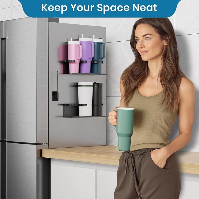 2PCS Magnetic Cup Holder for Fridge, Strong Magnetic Water Bottle Organizer for Stanley Tumbler, Stanley Cup Holder with Tumbler Lid Organizer, Stanley Cup Accessories