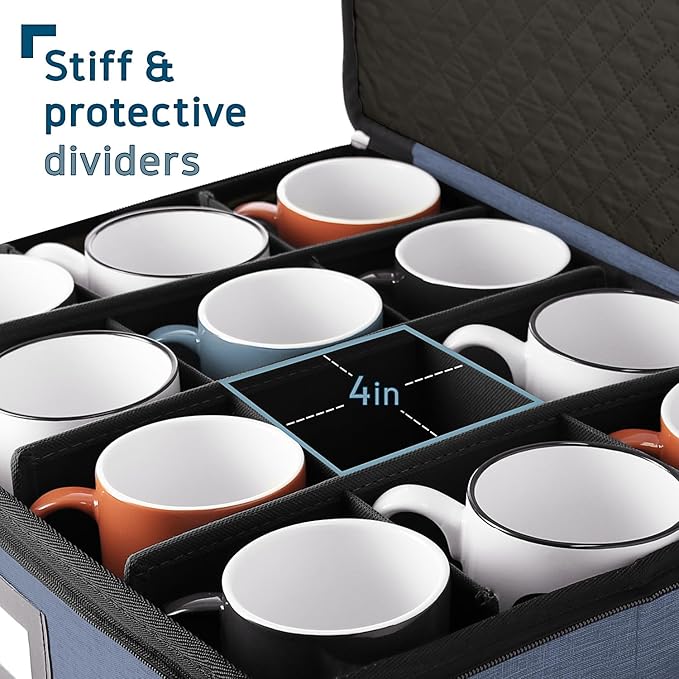 Hearth & Harbor Coffee Mug Storage, Quilted and Stackable Coffee Cup Storage Organizer for Service of 12, Mug Storage Box with Dividers, China Containers Hard Shell for Moving and Organization, Blue-NeatNest