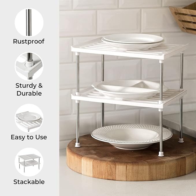 carrotez Kitchen Cabinet Organizer, Cabinet Shelves and Storage, Pantry Storage Shelf Organizer, Kitchen Counter Shelf, Cupboard, Under Sink, Stackable, Expandable, Set of 2, White-NeatNest