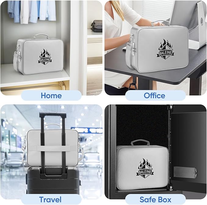 BALEINE Fireproof Document Box with Lock, Portable Fireproof Document Bag Waterproof Fire Proof File Boxes for Documents, File Organizer Box for Important Paperwork (Silver, 15''x11''x4'')