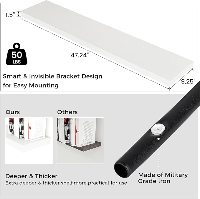 Floating Shelves for Wall, 48"W x 9"D x 1.5"H, 1 Pack of Long Wall Mounted Engineered Wood Shelves with Invisible Brackets for Living Room, Bedroom, Bathroom, Kitchen Decor and Storage, White-NeatNest