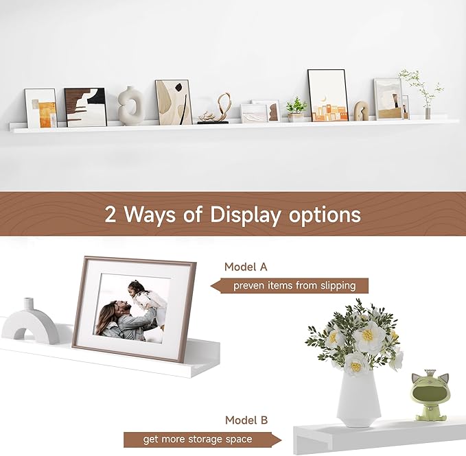 Floating Picture Ledge Shelves for Wall Set of 2, 95 Inches Picture Ledge Shelf with Long Large Nursery Book Shelf for Toys Storage Kids Bookshelf Wall Mounted Living Room Bedroom Decor Frames, White-NeatNest