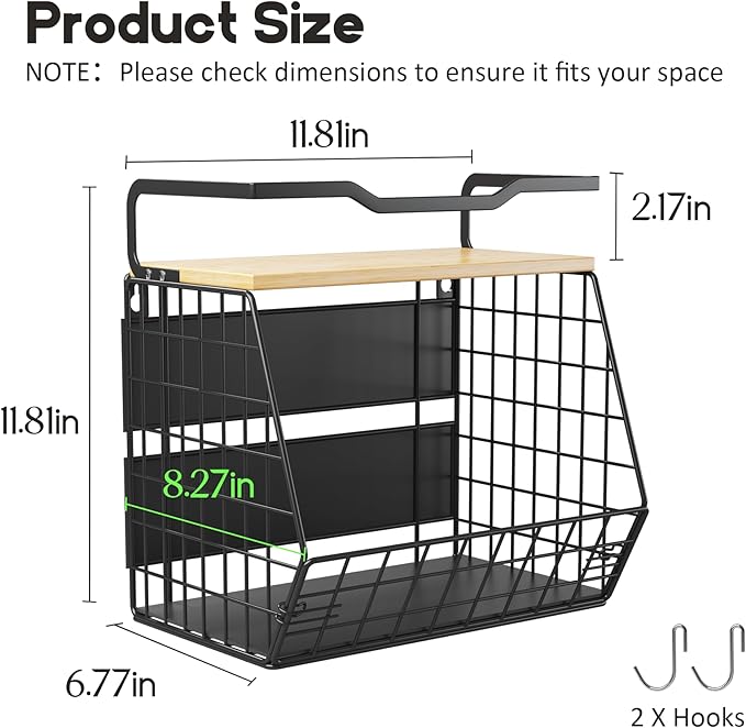 2 Pack Magnetic Shelf for Fridge with Wider & Thicker Magnet, Refrigerator Organizer Storage Basket for Fruit, Onion, Potato, Spice Rack, Kitchen, Laundry, Pantry (Black, 11.81" x 6.77" x 11.81")