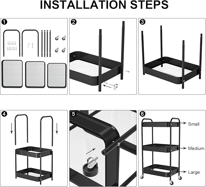 3-Tier Rolling Metal Storage Cart with Wheels, Multi-Functional Organizer for Office, Kitchen, Bathroom, Books Diapers - Easy Assembly (Black)-NeatNest