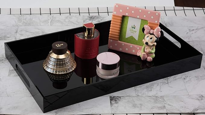 Glossy Black Sturdy Acrylic Serving Tray with Handles-12x20Inch-Serving Coffee,Appetizer,Breakfast,Butler-Kitchen Countertop Makeup Drawer Organizer-Vanity Table Ottoman Decorative Tray-NeatNest