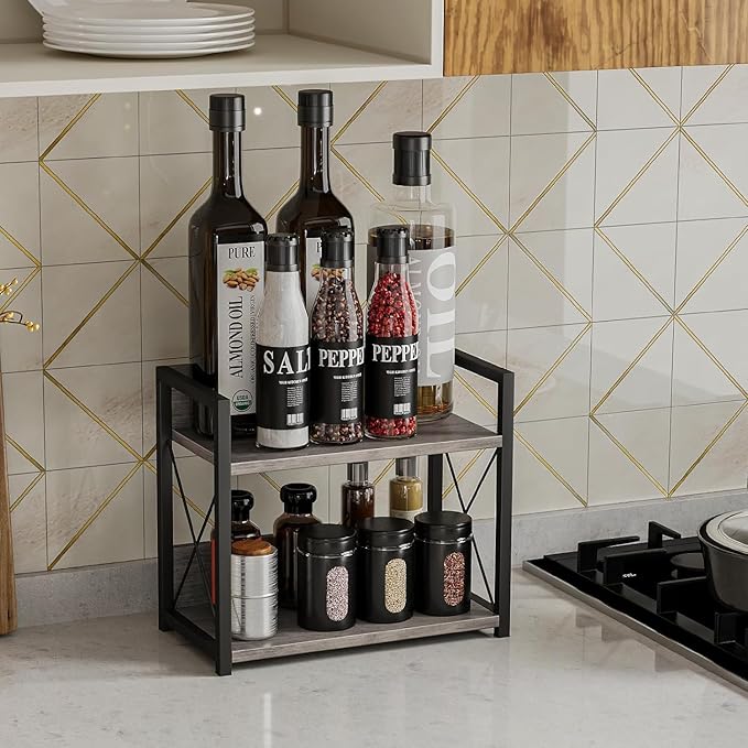 Giikin Countertop Shelf Organizer, 2 Tier Kitchen Spice Rack Organizer for Countertop, Wood Coffee Counter Shelf Organizer for Home (Grey, S)-NeatNest