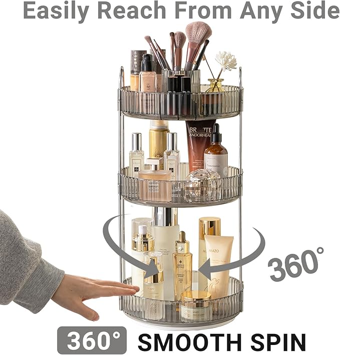 360 Rotating Makeup Organizer,3 Tier Large Capacity Make Up Organizers and Storage,Skincare Perfume Vanity Organizers,Bathroom Cosmetics Storage Organizer Countertop(Grey)-NeatNest