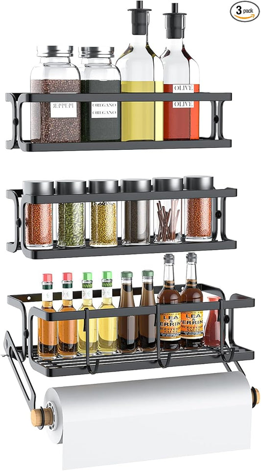 3 Pack Spice Rack Wall Mount With Paper Towel Holder and Hooks,Space-Saving Spice Organizer for Spice Jars and Seasonings, Hanging Spice Rack Organizer Kitchen for Cabinet, Pantry,Black-NeatNest
