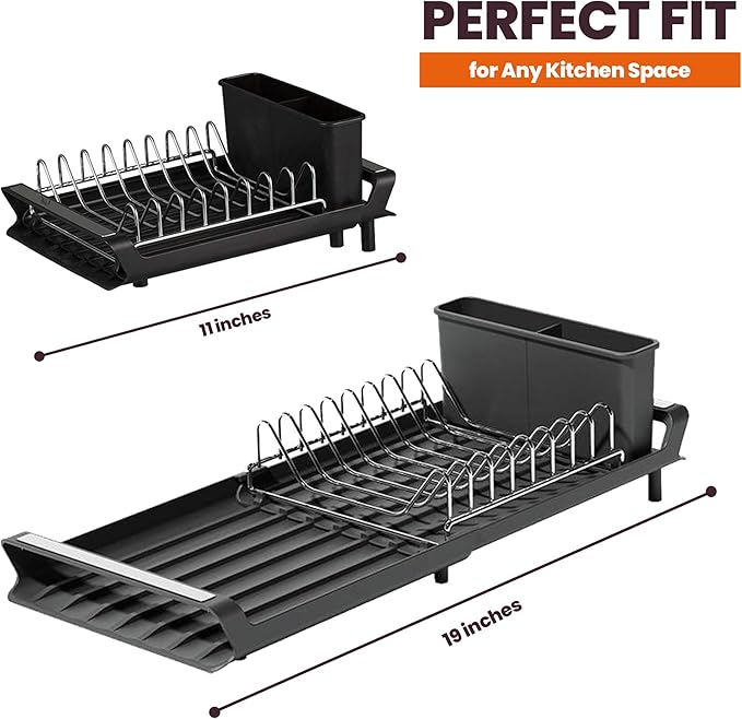 Dish Drying Rack, Expandable Kitchen Dish Racks for Kitchen Counter with Inclined Sloped Drain, Removable Stainless Steel Plate Rack & Utensil Holder, Collapsible Dish Drainer Grey, 11-19 in