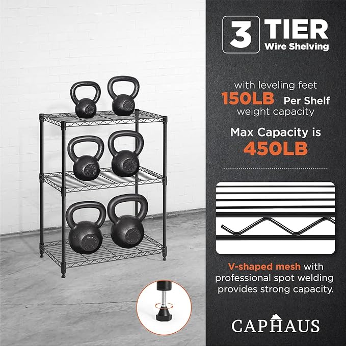 CAPHAUS 3/4/5-Tier Adjustable Height Wire Shelving Unit, Metal Steel Storage Shelve, Rack Shelving, Garage Shelving Storage Organizer, Utility Storage Shelf, 3-Tier Without Wheels, Black-NeatNest