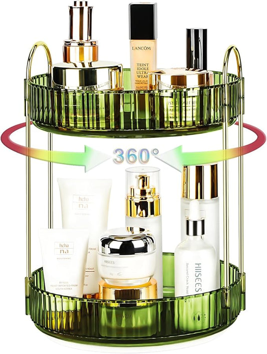 360 Rotating Makeup Organizer - Large Capacity Spinning Perfume & Cosmetic Skincare Holder for Vanity & Countertop (Gem Green, 2 Tier)-NeatNest