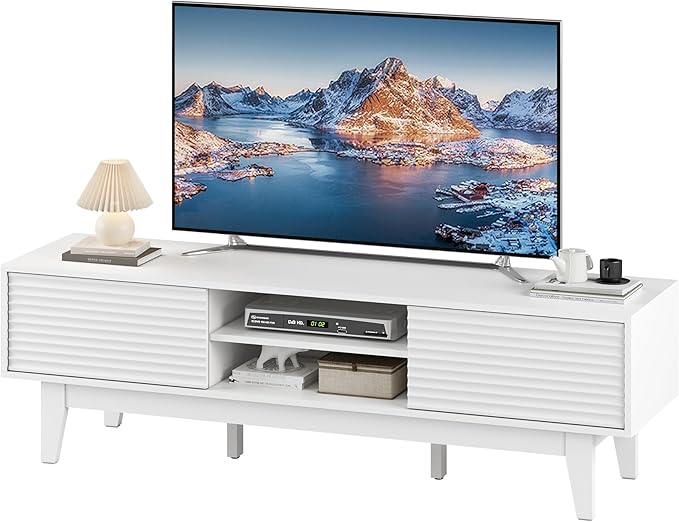 Fluted TV Stand for 55 65 Inch TV, Mid Century Modern Entertainment Center with Shelves, Cabinets & Sliding Doors, TV Media Console Table with Wood Feet & Cord Holes for Living Room, Bedroom, White-NeatNest