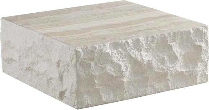 kevinplus ø35.43'' Square Coffee Table for Living Room, Modern Drum Circle Stone Coffee Table, Fiberglass Material, No Assembly, Beige