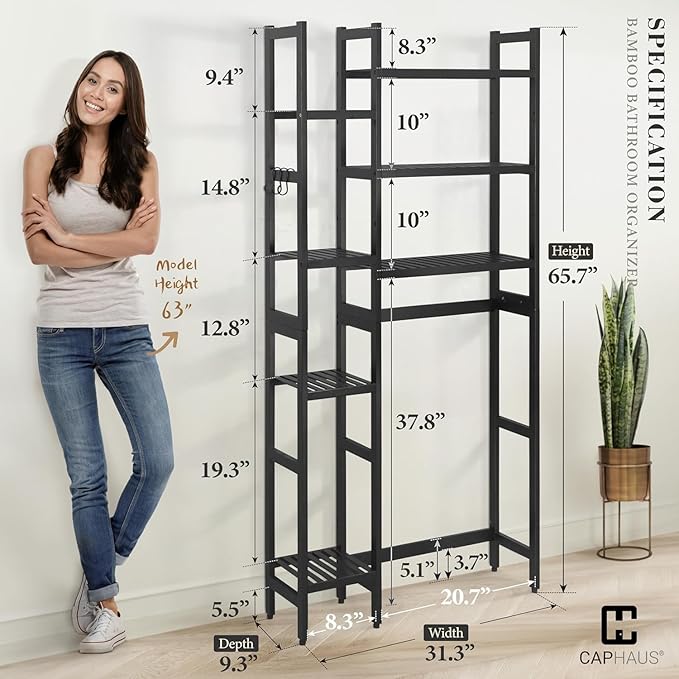 CAPHAUS Over -The -Toilet Storage Shelf,7-Tier Bamboo Bathroom Organizer Shelf Rack Over Toilet with Adjustable Feet & Hooks, Freestanding Toilet Shelf for Bathroom Laundry Balcony Plant Stand,Black-NeatNest