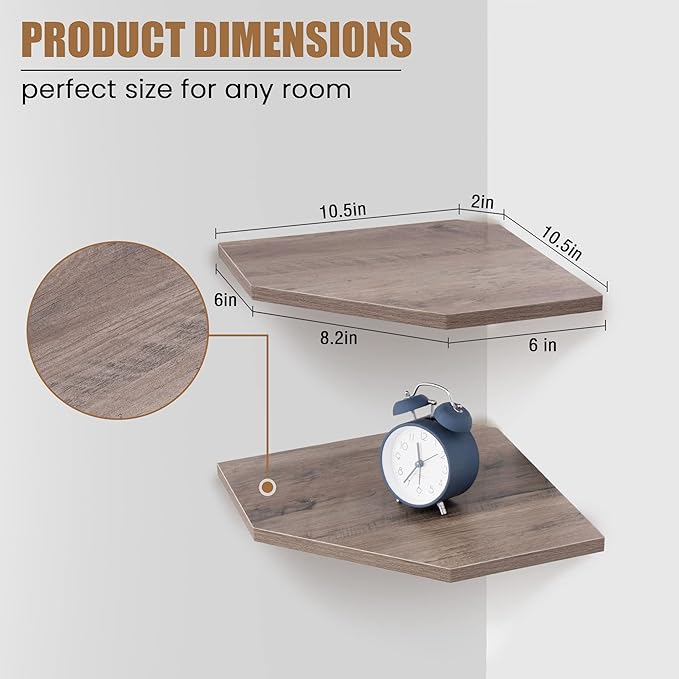 Corner Shelf Wall Mount, Corner Floating Shelves, Set of 4 Corner Wall Shelf Organizer, Rustic Wood Wall Storage Display Shelves for Living Room Bedroom Bathroom Kitchen, Rustic Grey-NeatNest