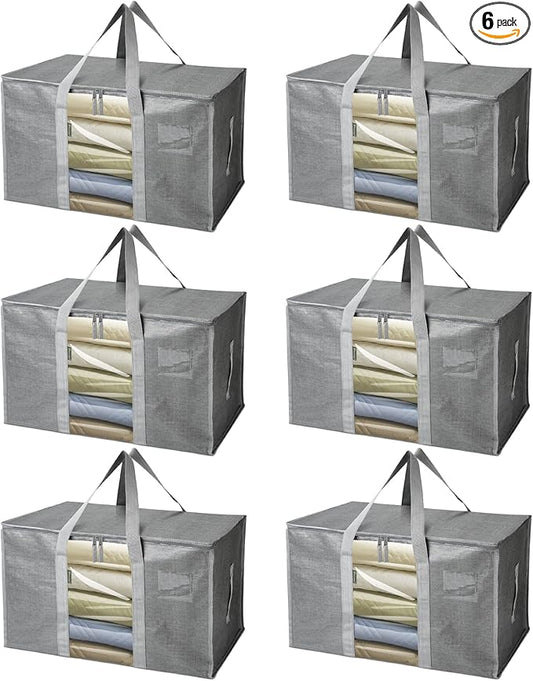 BALEINE 6-Pack Oversized Moving Bags with Reinforced Handles, Heavy-Duty Storage Tote for Clothes, Moving Supplies (Grey with Window, 6 Pack)-NeatNest
