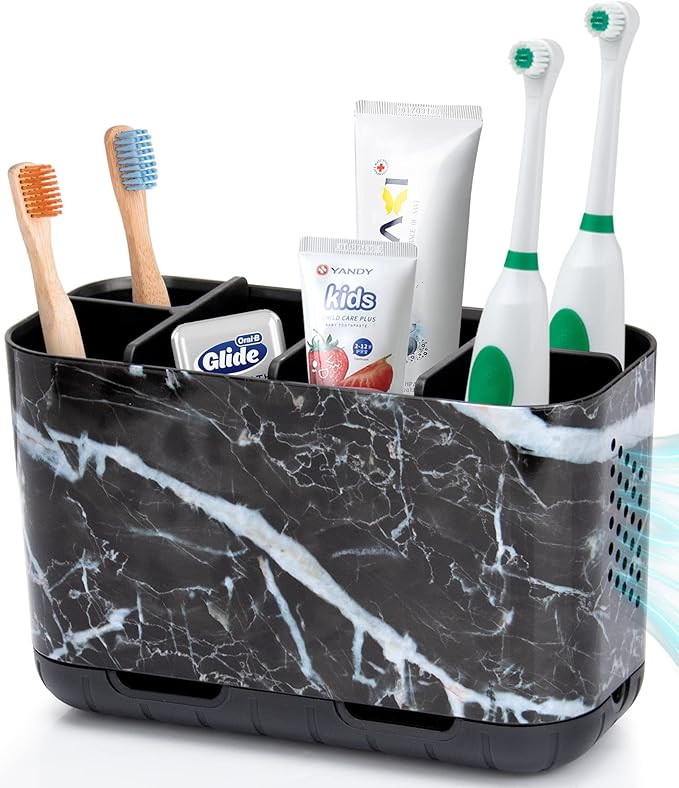Boperzi Black Toothbrush Holder for Bathroom Toothpaste Organizer Countertop, Detachable Anti-Slip Marble Toothpaste Storage Caddy 6 Slots with Drainage Holes for Makeup Brush Razor Stand-NeatNest