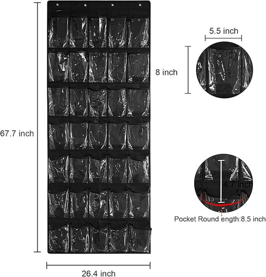 Clear Crystal 2 Pack 35 Pockets Large Hanging Shoe Organizer Over The Door Shoe Rack for Closet Door Storage Shoe Holder Hanger, 8Hooks, Black-NeatNest