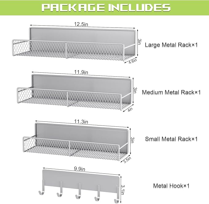 4 Pack Magnetic Shelves for Washing Machine, Heavy-Duty Magnetic Laundry Organizer with Hooks, Washing Machine Shelf for Refrigerator, Metal Storage Baskets, Closet & Laundry Room Organization (Grey)