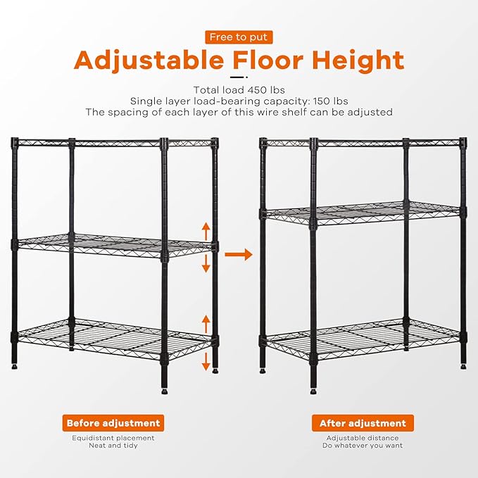 3-Tier Storage Shelves Adjustable, MGHH Wire Shelving Heavy Duty Storage Rack(150 Lbs Loading Capacity/ Shelf) Metal Shelf Organizer for Pantry Garage Kitchen 23"D x12"W x 30"H -Black-NeatNest