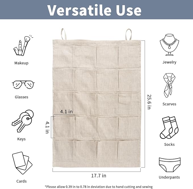 100% Linen Hanging Storage Bag with 20 Pockets, Wall Hang Over The Door Closet Organizer for Socks Underpants, Pink