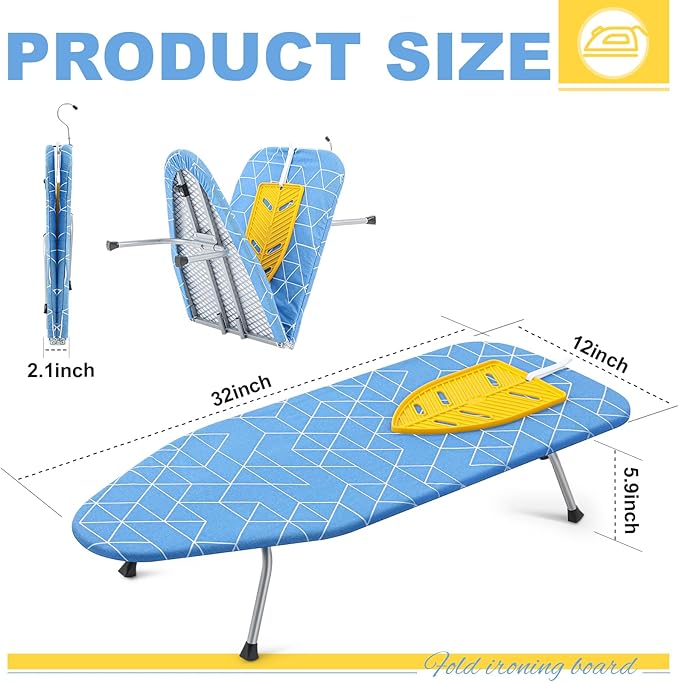 Chunful Tabletop Ironing Board with Iron Rest 32 x 12 Inch Small Compact Travel Foldable Ironing Board with Silicon Mat Portable Non Slip Feet Table for Dorm and Small Space(Classic,Blue)