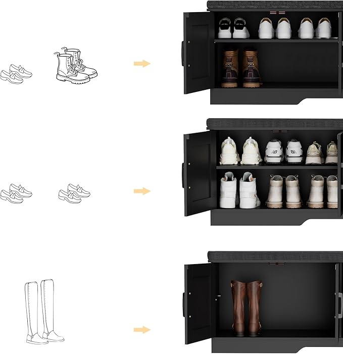 2-Tier Storage Bench, Shoe Bench with Padded Seat Cushion, Entryway Bench with 4 Barn Doors, Adjustable Shelf, 13.8" D x 47.2" W x 17.7" H, for Entryway, Living Room, Bedroom, Black-NeatNest