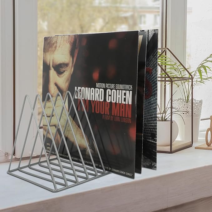 EASEPRES Vinyl Record Holder Storage, 9 Slot Metal Magazine Book Album Display Rack, Stylish Triangle Desktop File Sorter Organizer for Home Office, Grey