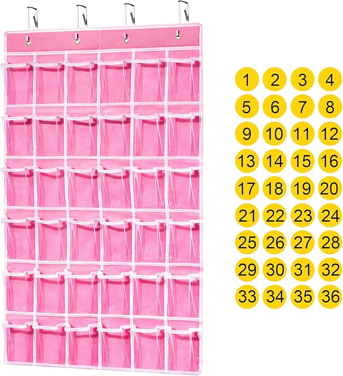 36 Clear Pockets Classroom Pocket Chart for Cell Phones, Pocket Chart Organizer for Calculator Holder with 36 Number Sticker Classroom Hanging Cell Phones Organizer (Pink)-NeatNest