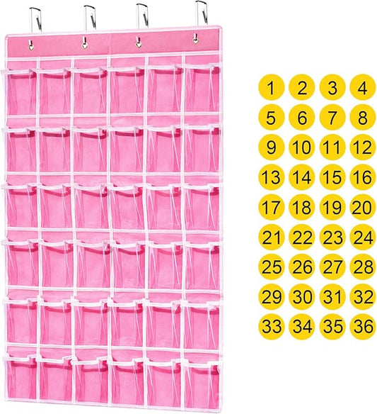 36 Clear Pockets Classroom Pocket Chart for Cell Phones, Pocket Chart Organizer for Calculator Holder with 36 Number Sticker Classroom Hanging Cell Phones Organizer (Pink)-NeatNest