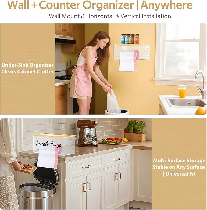 JYPS Stackable Storage Trash Bag Holder With Bamboo Lid, Wall Mounted Garbage Bag Dispenser Holder, Laundry Room Organization,Pantry Organizers and Storage Under Sink Organizer,No Drill,Small