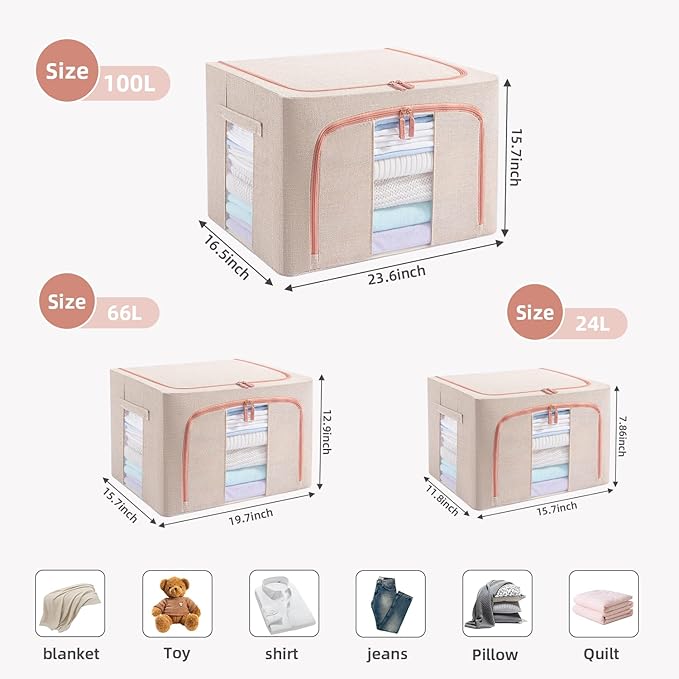 100L Stackable Clothes Storage Bins with Metal Frame Handles & Zipper, Collapsible Closet Organizer Box with Lid for Bedding Blankets Towel (Beige,1 pack)-NeatNest