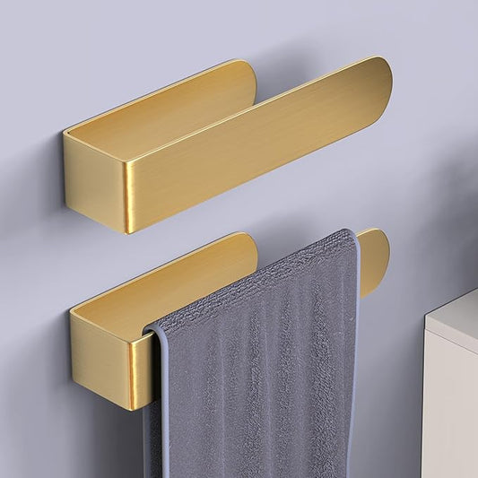 HUFEEOH 2 Pack Adhesive Hand Towel Holder, Kitchen Towel Rack Towel Bars Wall Mounted, Stainless Steel Bath Holder for Bathroom Hotel Kitchen (Gold, 8 Inch(2PC))