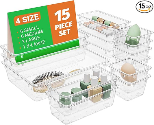 15 PCS Clear Plastic Drawer Organizer Set, 4-Size Acrylic Drawer Storage Trays, Storage Bins for Makeup, Gadgets, and Jewelry in Bathroom, Bedroom and Office, Clear-NeatNest