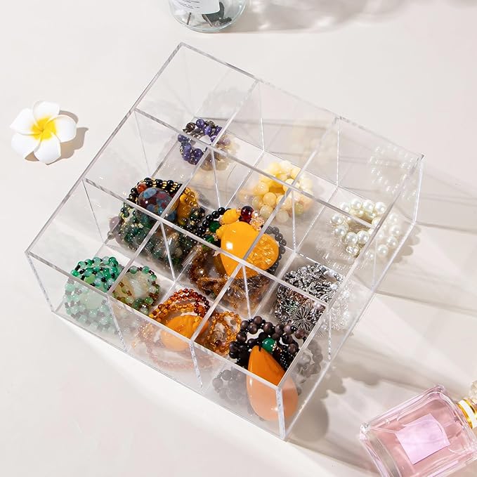dedoot Acrylic Drawer Organizer, Clear 9 Compartment 3 Section Makeup Organizer Transparent Makeup Jewelry Accessories Storage Organizer, Acrylic Plastic Square Display Cube,7.87x7.87x3.94 Inch-NeatNest